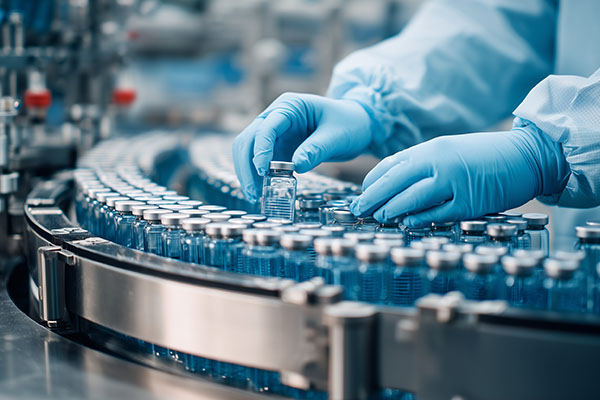 Primer plano de un científico de laboratorio farmacéutico examinando viales médicos en una fábrica de productos sanitarios. El trabajador sanitario lleva guantes protectores EPI azules.