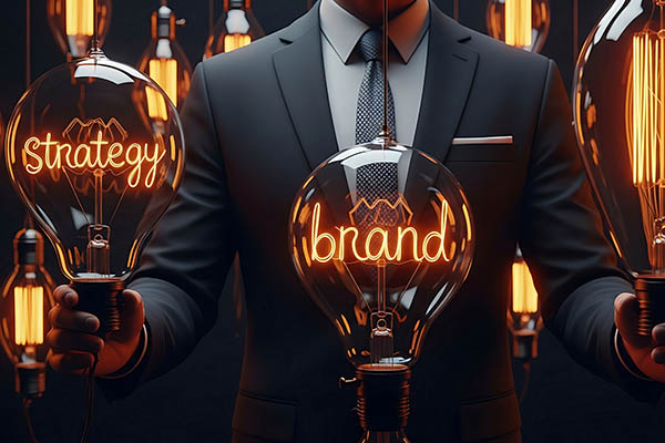 Creación estratégica de marca: Un empresario sostiene bombillas que iluminan las palabras "Marca" y "Estrategia", simbolizando conceptos innovadores de marketing y desarrollo empresarial para el éxito.