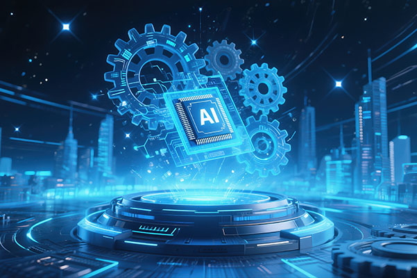 Chip de IA futurista con engranajes brillantes flotando sobre una plataforma de alta tecnología en un paisaje urbano digital.