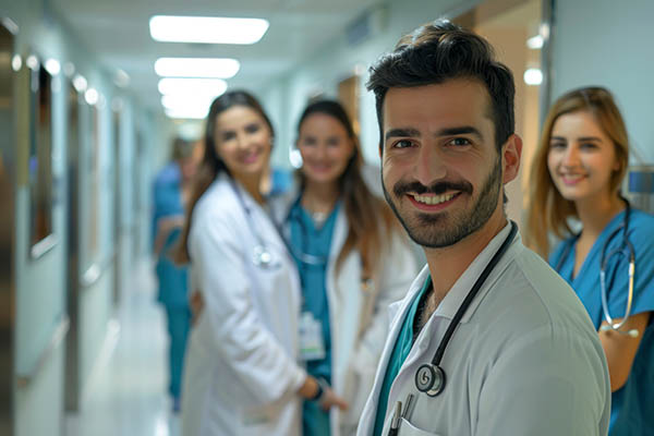 Equipo médico alegre en el pasillo del hospital, retrato profesional.
