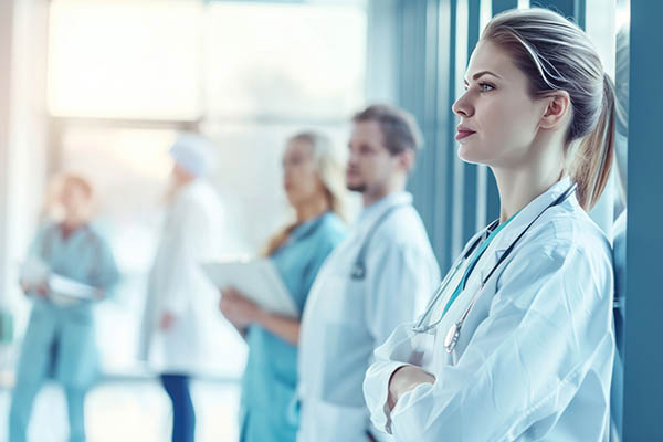 El médico y su equipo se reúnen para tratar temas de atención médica, planificación o estrategia en un hospital o consultorio. Grupo de profesionales médicos trabajando en equipo, discutiendo o colaborando para una presentación en la clínica.