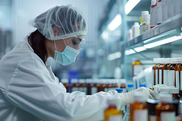 Profesional farmacéutico concentrado inspeccionando medicamentos en un entorno estéril, garantizando la máxima calidad en la producción de fármacos.