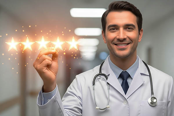 Atención médica de cinco estrellas: Un médico sonriente sostiene estrellas brillantes. Excelencia, satisfacción del paciente, servicios de atención médica de alta calidad y reseñas positivas.