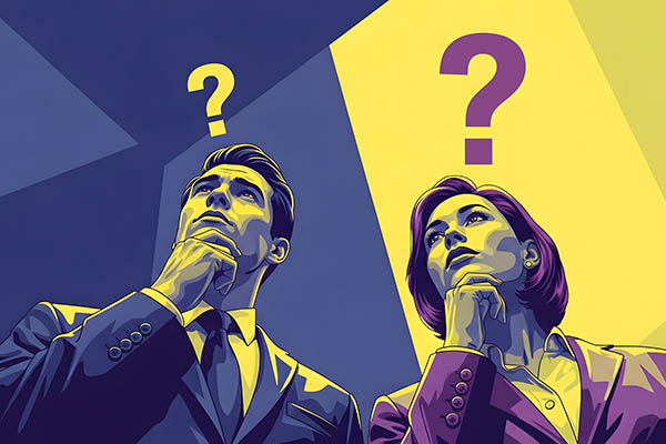 Empresarios reflexivos contemplando ideas mirando hacia arriba con signos de interrogación que simbolizan la resolución de problemas y el pensamiento estratégico para la comunicación corporativa.